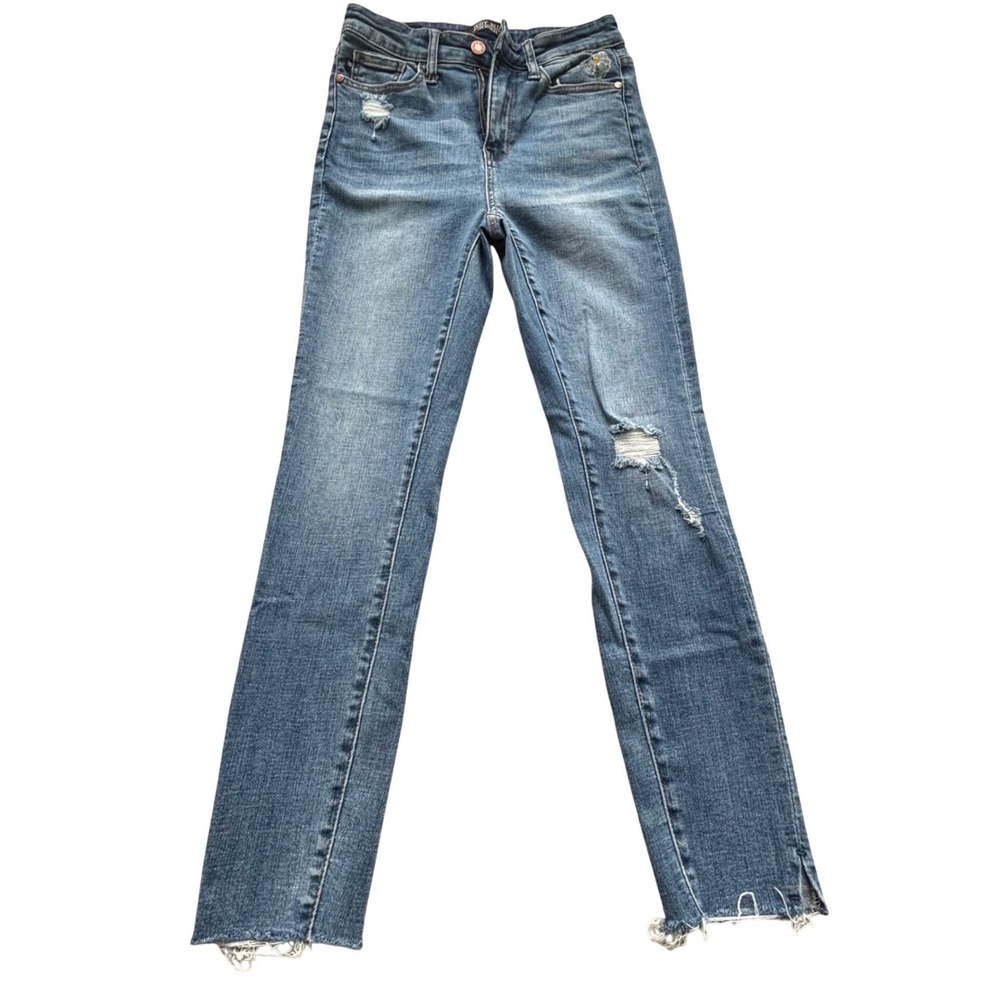Judy Blue Skinny Jeans Womens 3/26 Blue Distressed Daisy Embroidery Boho Raw Hem